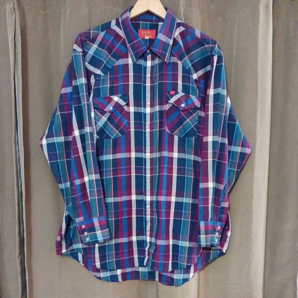 Vtg Ely Plains Western Pearl Snap Size 18 34-35
